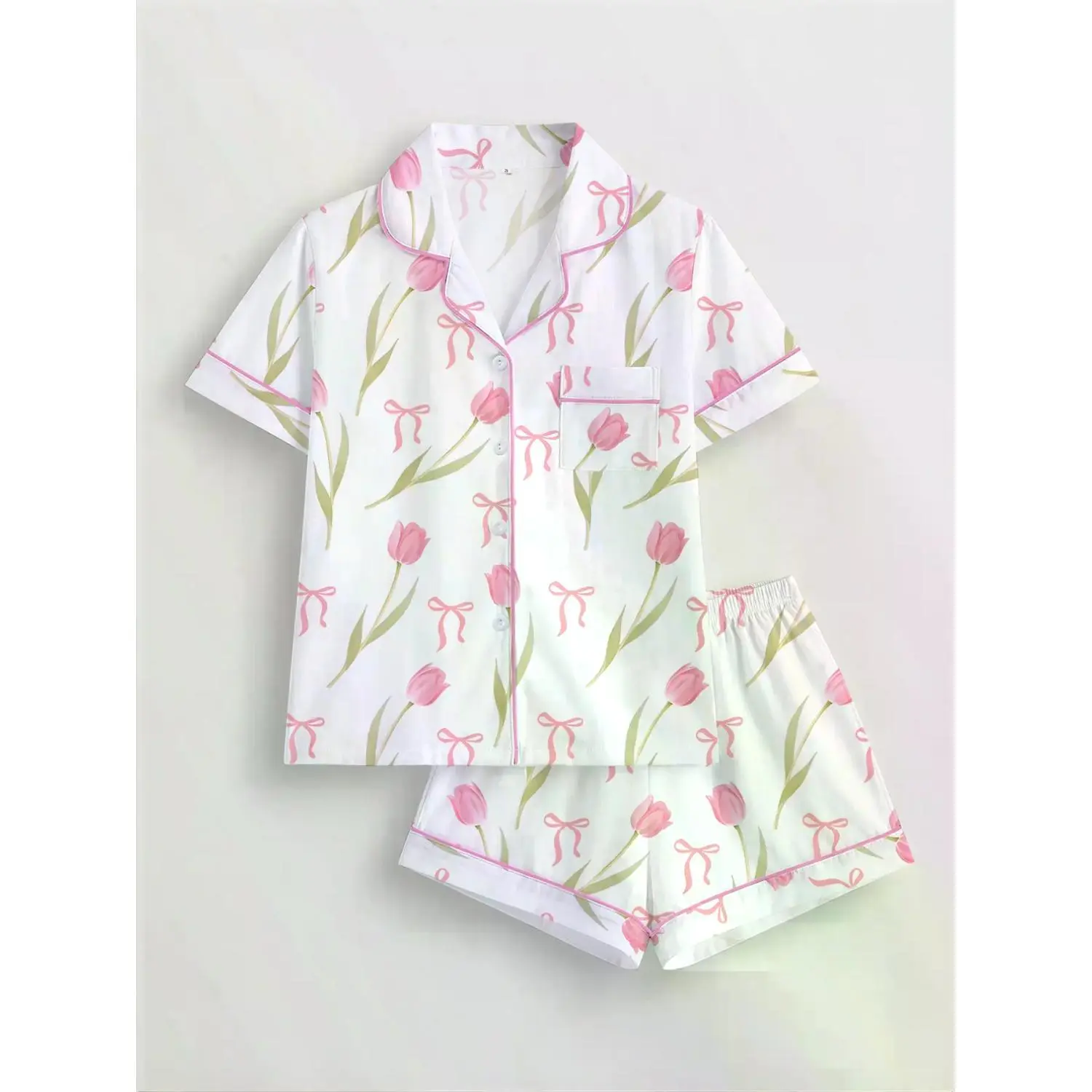 Women's Tulip Bowknot Print Soft Pajama Set with Short Sleeve Button-Up Top & Elastic Waist Shorts - Casual Loungewear for All Seasons