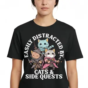 Easily Distracted by Cats and Side Quests T-Shirt Funny RPG Gamer Graphic Tee DND Lovers Gift Retro Fantasy Adventure Cat Apparel Unisex Soft Cotton Gaming Shirt Harajuku Streetwear Top Black
