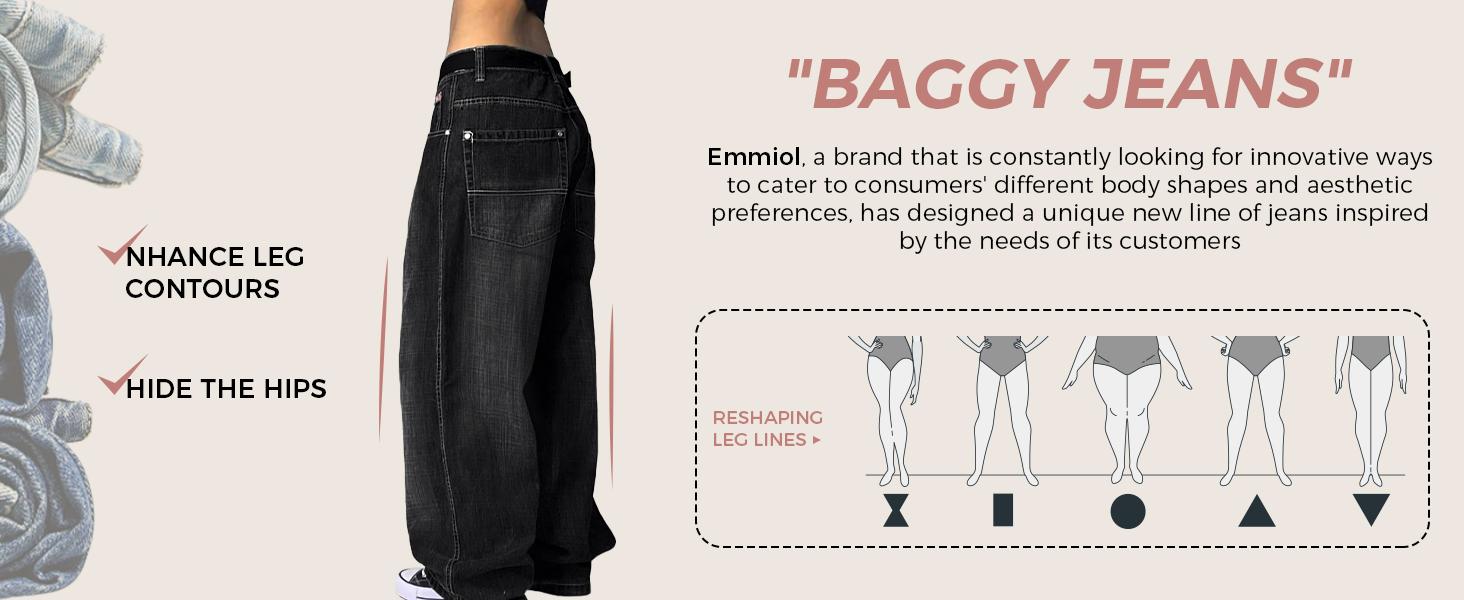 EMMIOL Women Hip Hop Baggy Jeans Wide Leg Mid-Low Waist Jeans Loose Boyfriends Jeans 90s Vintage Denim Pants casual comfy Black Womenswear