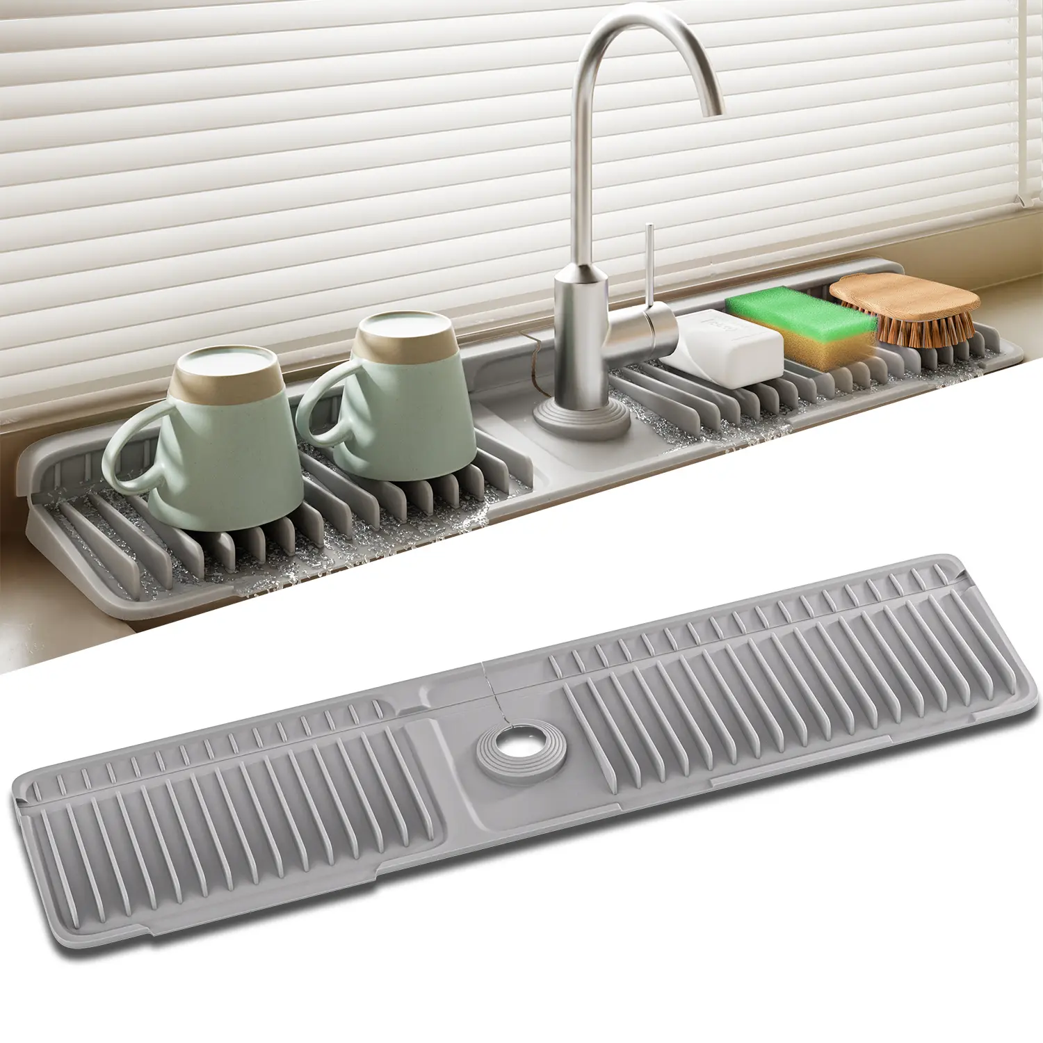Food-Grade Silicone Kitchen Sink Faucet Drying Mat - 24" Length Water Splash Proof Guard, 7° Auto Drainage Slope, Quickdry Fins, Adjustable, Durable, Easy-to-Clean, Leak-Proof Kitchen Accessory for Faster Sink Cleanup With faucet of 1.6 - 2.7 inches