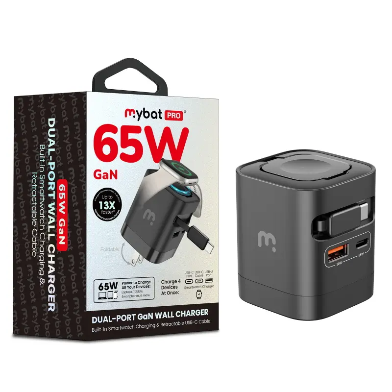 MyBat Pro 65W Dual-Port GaN Compact Power Adapter - High Power Portable Charging Block, Mobile Fast Charger with Built-In Smartwatch Charging & Retractable USB-C Cable, Phone Charger