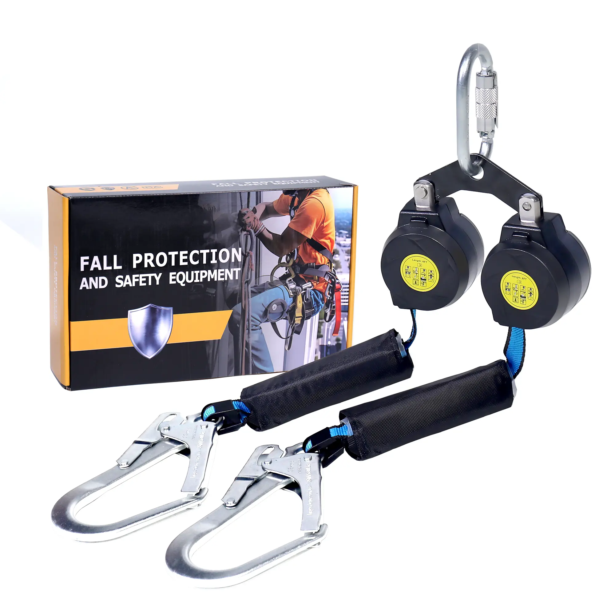 6 FT Double Leg Self-Retracting Lifeline Web Lanyard Retractable | Steel Locking Snap Hook | Safety Yoyo | Fall Protection Arrest Limiter | Construction Industrial | OSHA & ANSI Rated SRL