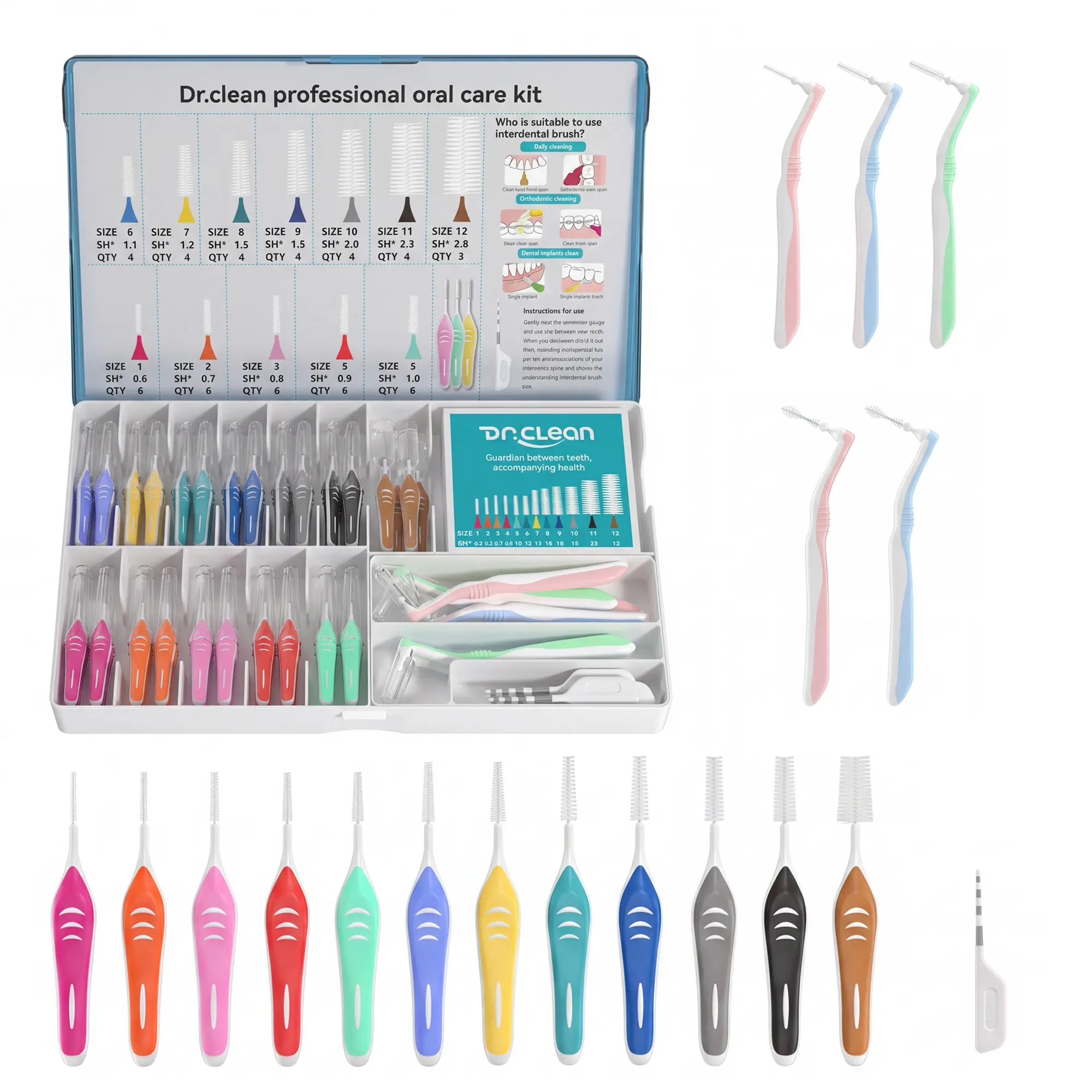 DR.CLEAN Home Orthodontic Oral Care Kit with Storage - 12 Toothbrushes, 5 L-Shaped Floss Picks, 1 Small Interdental Brush, Plaque & Stain Removal, Sensitive Gum Care for Adults