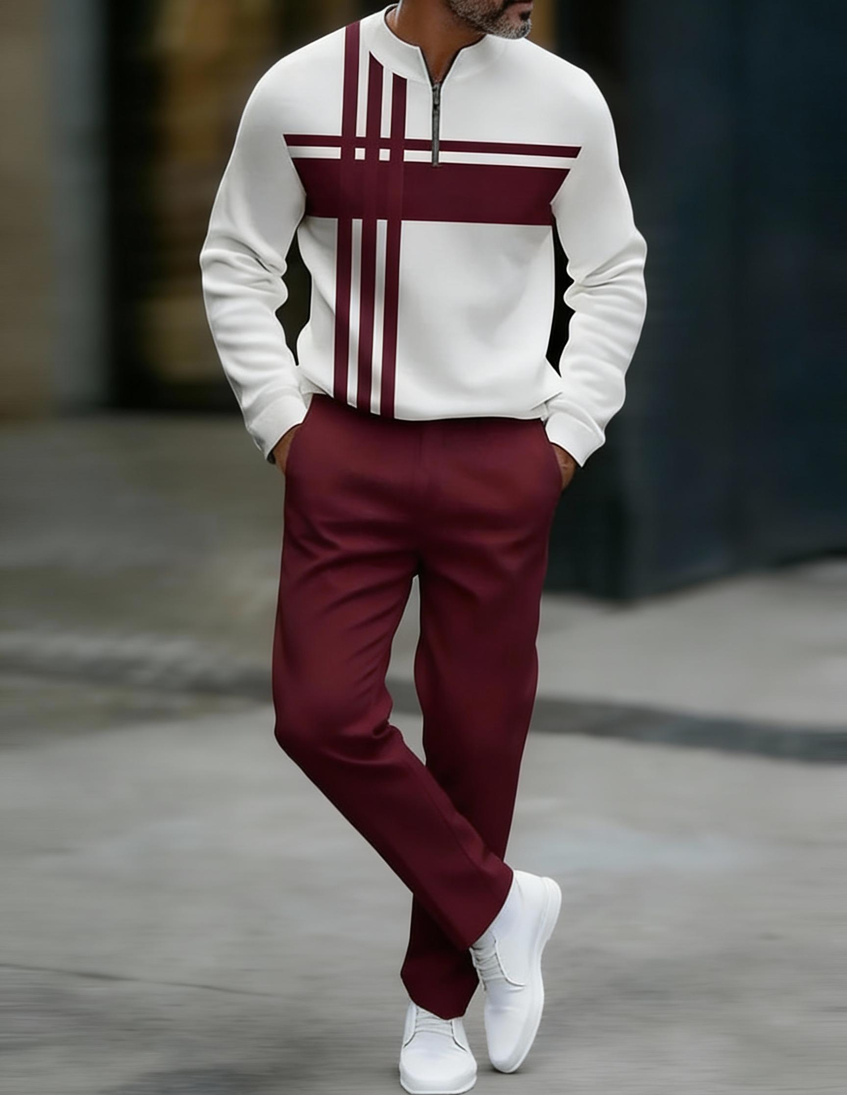 Half Zipper Fashion Casual Set with Trendy Personalized Stripe Design Simple Comfortable Versatile Sportswear Clothing