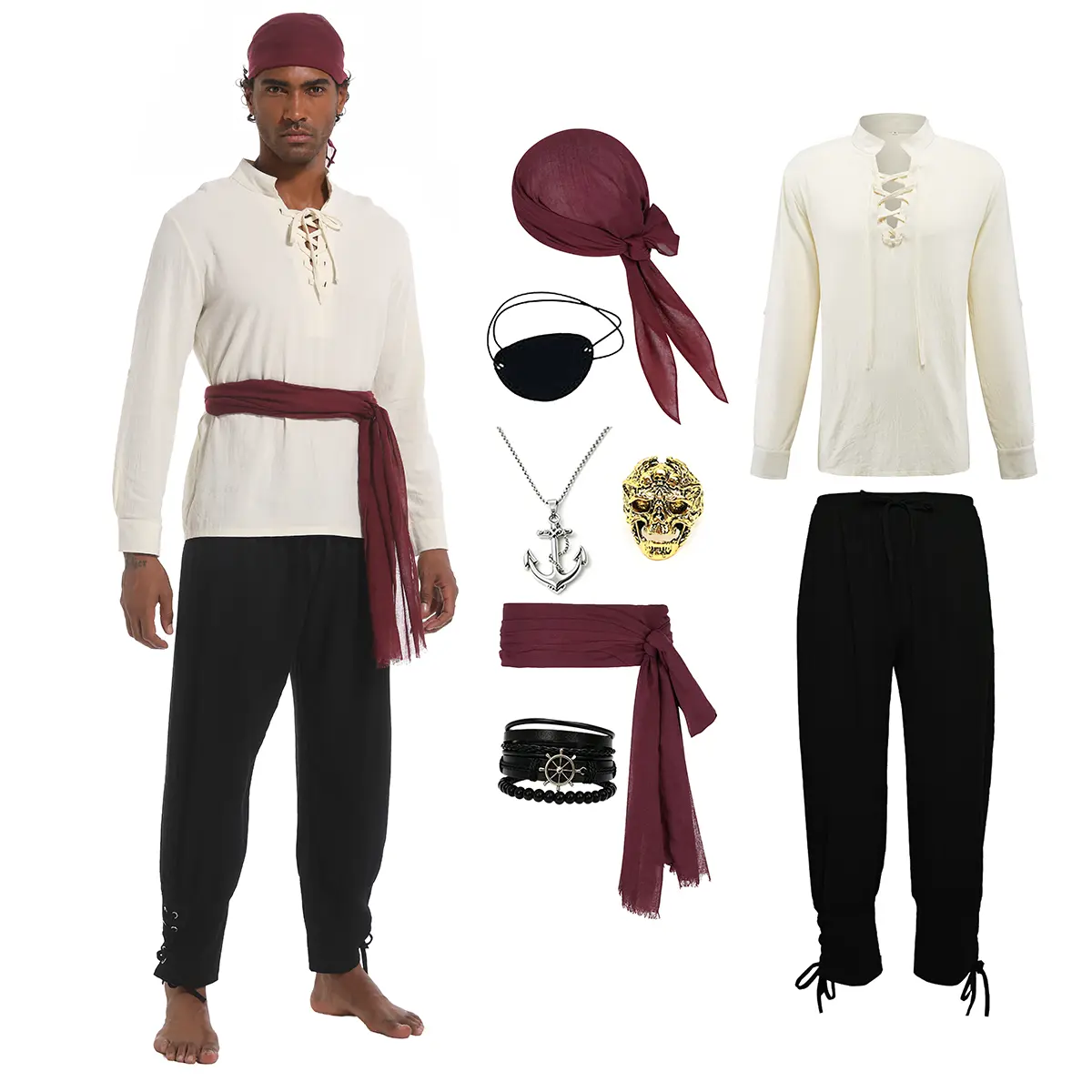 Men's Polyester 8-Piece Pirate Theme Costume Set - Loose Fit, Machine Washable for Halloween, Renaissance Fair Events