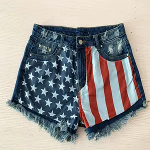 Vintage American Flag Print High Waist Distressed Denim Shorts with Frayed Hem for Women