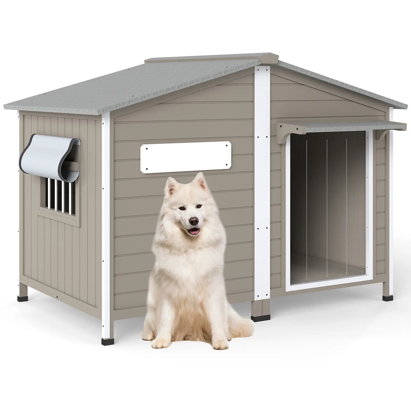 Petscosset Large Weatherproof Solid Wood Dog House - Anti-Chew Aluminum Frame, Dual Removable Washable Floors, PVC Door Curtain, Oxford Roll Window, Elevated Rubber Ft, Indoor/Backyard Shelter for Small-Medium Dogs