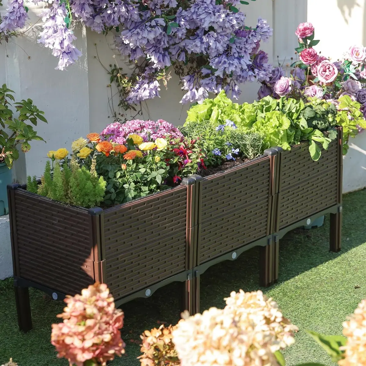 Brown Raised Garden Beds – Durable Polypropylene Elevated Planter Boxes with Drainage, Heat & Frost Resistant – Ideal for Vegetables, Flowers & Herbs – 300lb Capacity (Set of 2-3) Stackable Pots
