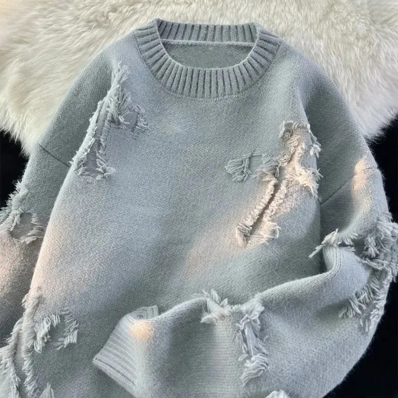 2025 Y2k Streetwear Sweater for Men, New Retro Hole Fringed Sweater, Loose Versatile Knitwear Pullovers, Long Sleeve Jumpers, Clothing