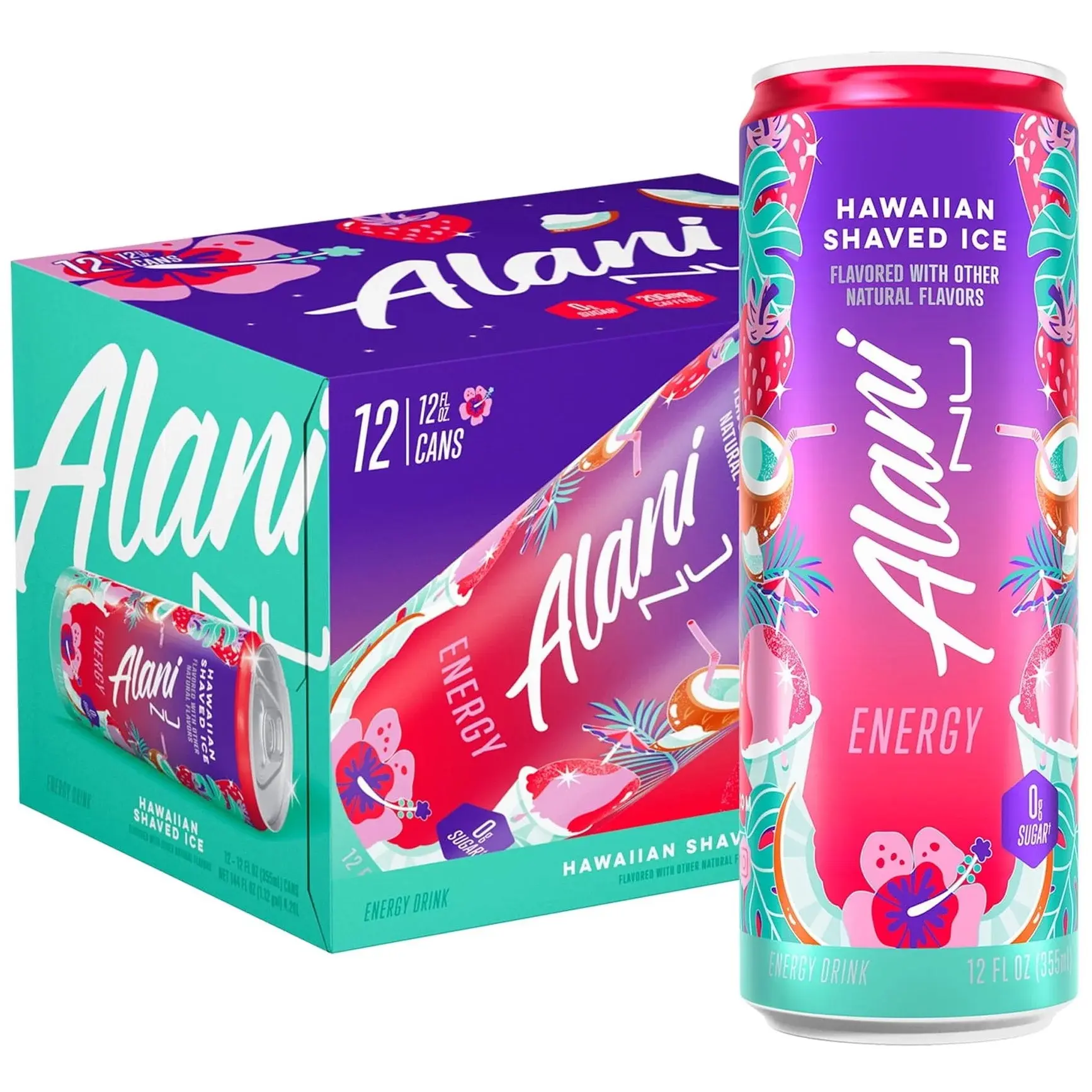 Alani Nu Energy Drink Hawaiian Shaved Ice 12 Pack 12oz Cans Zero Sugar 200mg Caffeine Boosting Beverage