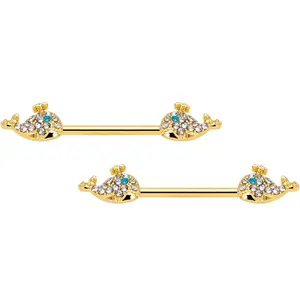14G 5/8 Blue CZ Gem Gold Tone Whale Barbell Nipple Ring Set