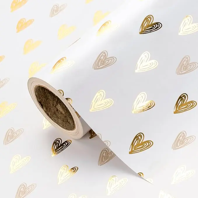 WRAPAHOLIC Gold Foil Heart Gift Wrapping Paper Roll, Romantic Heart Design Roll Form Wrap for Valentine’s Day, Wedding, 17in x 16.5ft Office Stationery Gift Packaging Supply