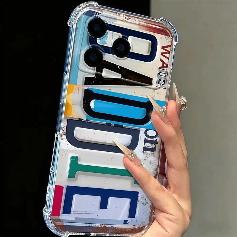 Phone Cases Clear 4-Corner Airbag License Plate Print for iPhone 17 Pro Max & 16 Pro Max – His Hers Matching Street Style Shockproof Cover soft case with license plate design，anti-shock and drop-proof phone cases, a holiday gift for friends, family, tikto