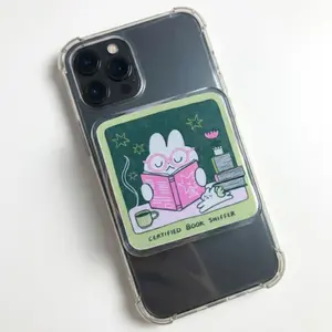 Certified Book Sniffer Phone Grip Cute Reading Bunny with Glasses, Cozy Bookish Aesthetic MagSafe Holder, Gift for Book Lovers