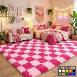 Living Room Rugs Bedroom Rugs, Ultra-Soft Plush Fluffy Shaggy Area Rug, Washable Non-Slip Soft Carpet with 4 Free Rug Grippers, for Kids Room Nursery Dorm Playroom Pet Friendly Modern Home Decor, 4x6 5x7 6x9 8x10, Blush Pink & White Checkerboard