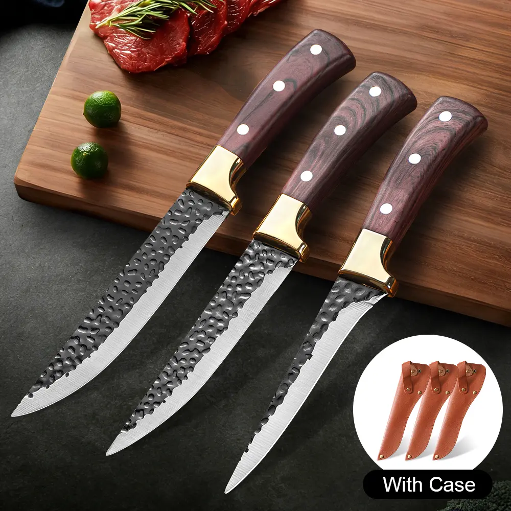 3Pcs Stainless Steel Kitchen Knives Set, Ultra-Sharp Arc Boning Knife with Sheath, Professional Butcher Knife for Slicing, Trimming & Deboning, Durable Meat Cutting & Fishing Knife