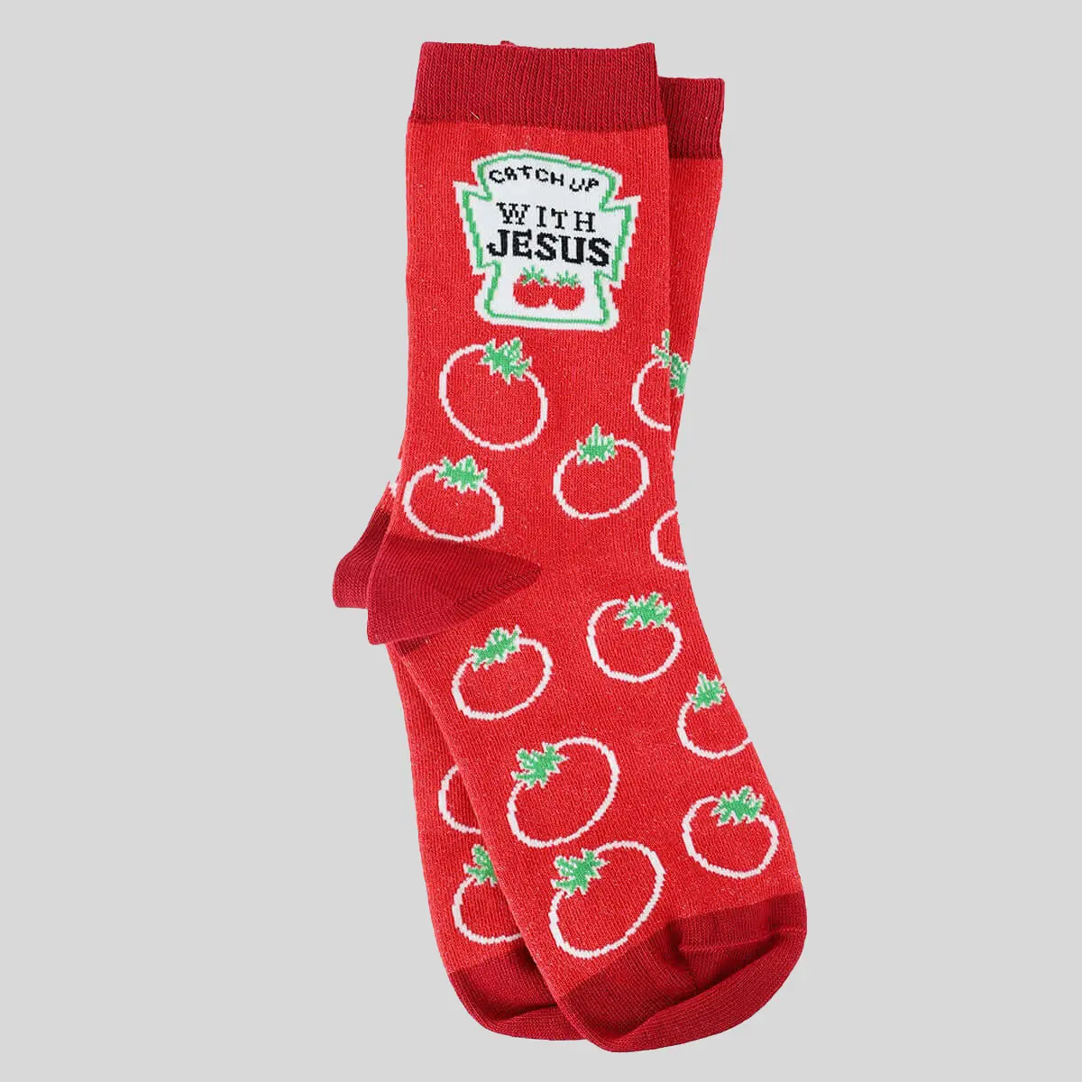Women's Novelty Crew Socks, Cute Red Religious Ketchup Graphic, Breathable Cotton-Polyamide Blend for Adults, Fits, Ladies, Absorbent, T-Shirt, Elastane Stretch, Calf High, 4-Way Mid-Calf Socks, Casual, Cold Wash