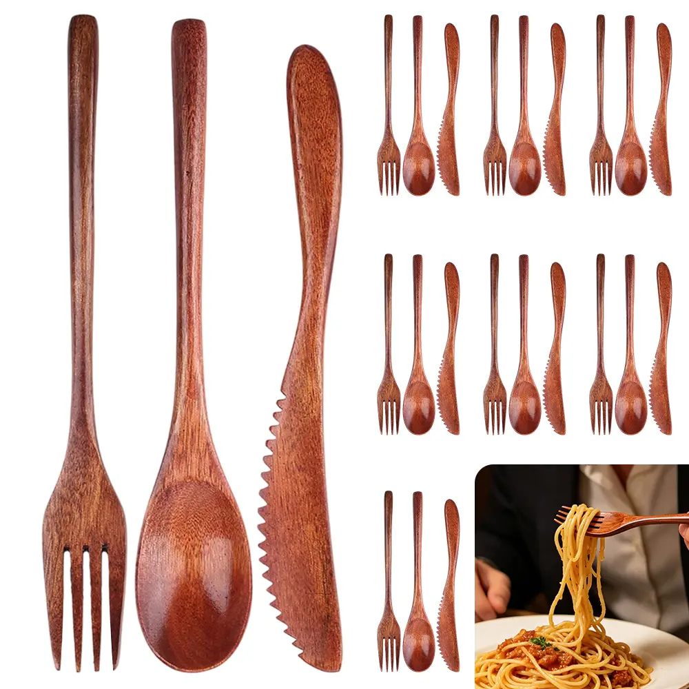 24-Piece Lightweight Natural Bamboo Cutlery Set - Eco-Friendly Reusable Utensils with Smooth Finish, Spoons, Forks, Knives for Home, Camping, Everyday Use, Rustic Kitchenware
