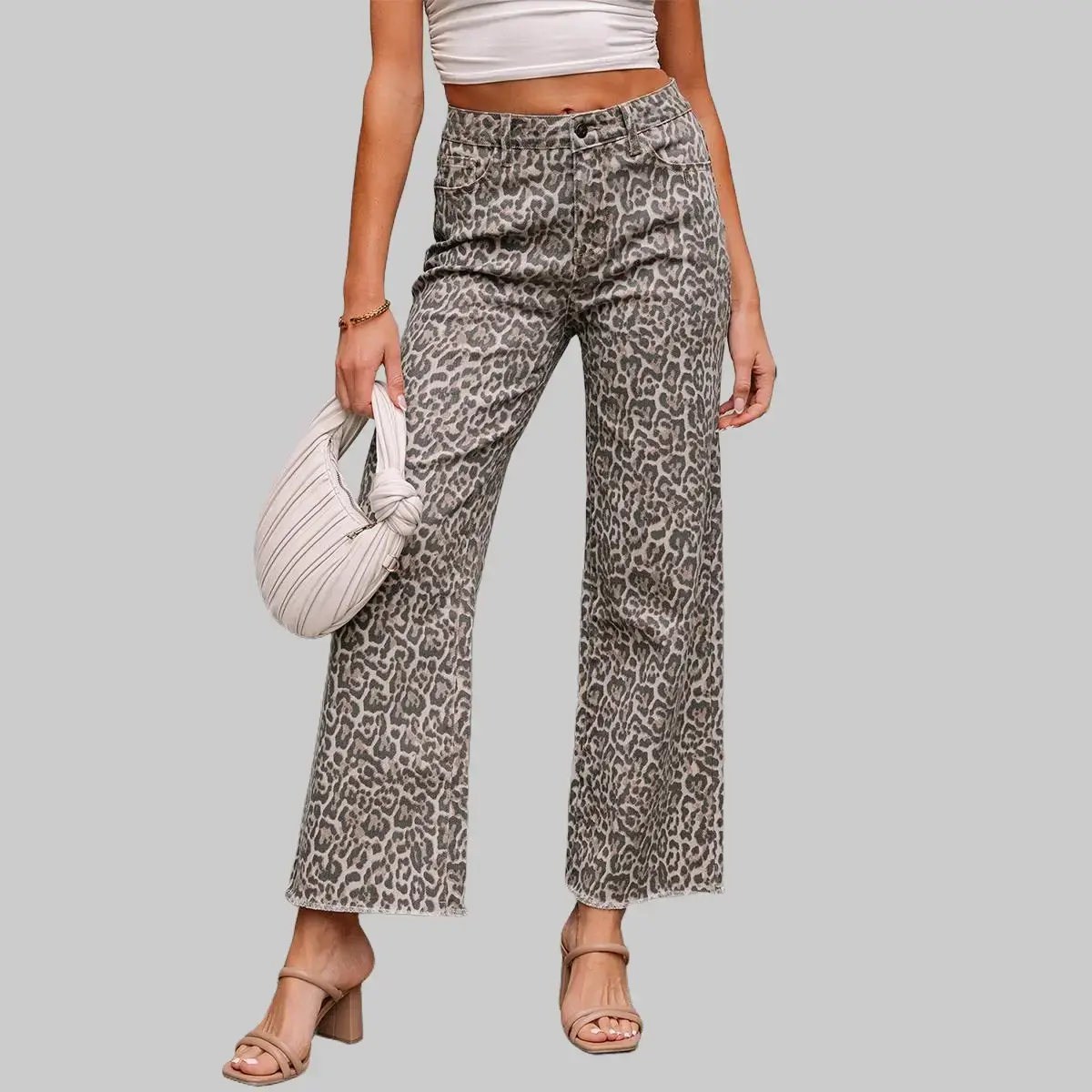 Lady's Fit High-Waist Brown Pink Leopard Print Wide-Leg Raw Hem Non-Stretch Denim Jeans - Comfortable Button-Style Fashion Trending Clothes, All-Seasons Streetwear Bottoms,clothes for back to school,first day of school outfits