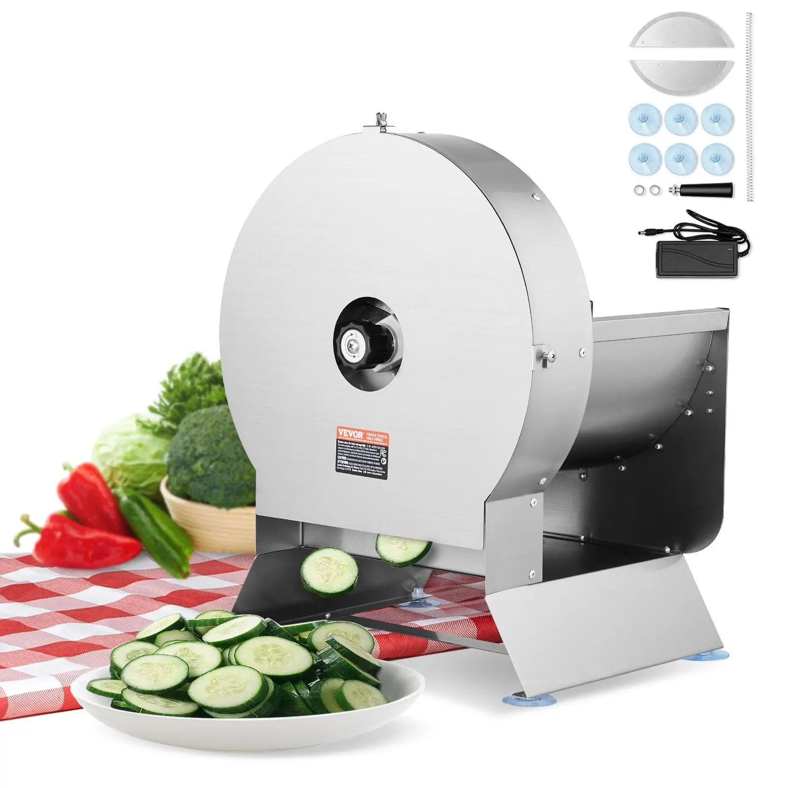 【Backtoschool】VEVOR Kitchen Electric Vegetable Slicer, 0-0.5in/0-12mm Thickness Adjustable Commercial Mandoline, Convertible to Manual Use, Stainless Steel Food Cutter, Large Feed Port with Suction Cups for Potato, Tomato, Smooth Slicing, Vegetable Slicin