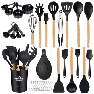 34pcs Silicone Kitchen Utensil Set with Holder, Heat-Resistant Non-Stick Cooking Tools, Black & Gold Heavy-Duty Kitchenware Measuring Cups & Cutting Board, Dishwasher Safe girly easy-to-clean Handles Nonstick Wooden Spatulas Stainless Steel wood spoon