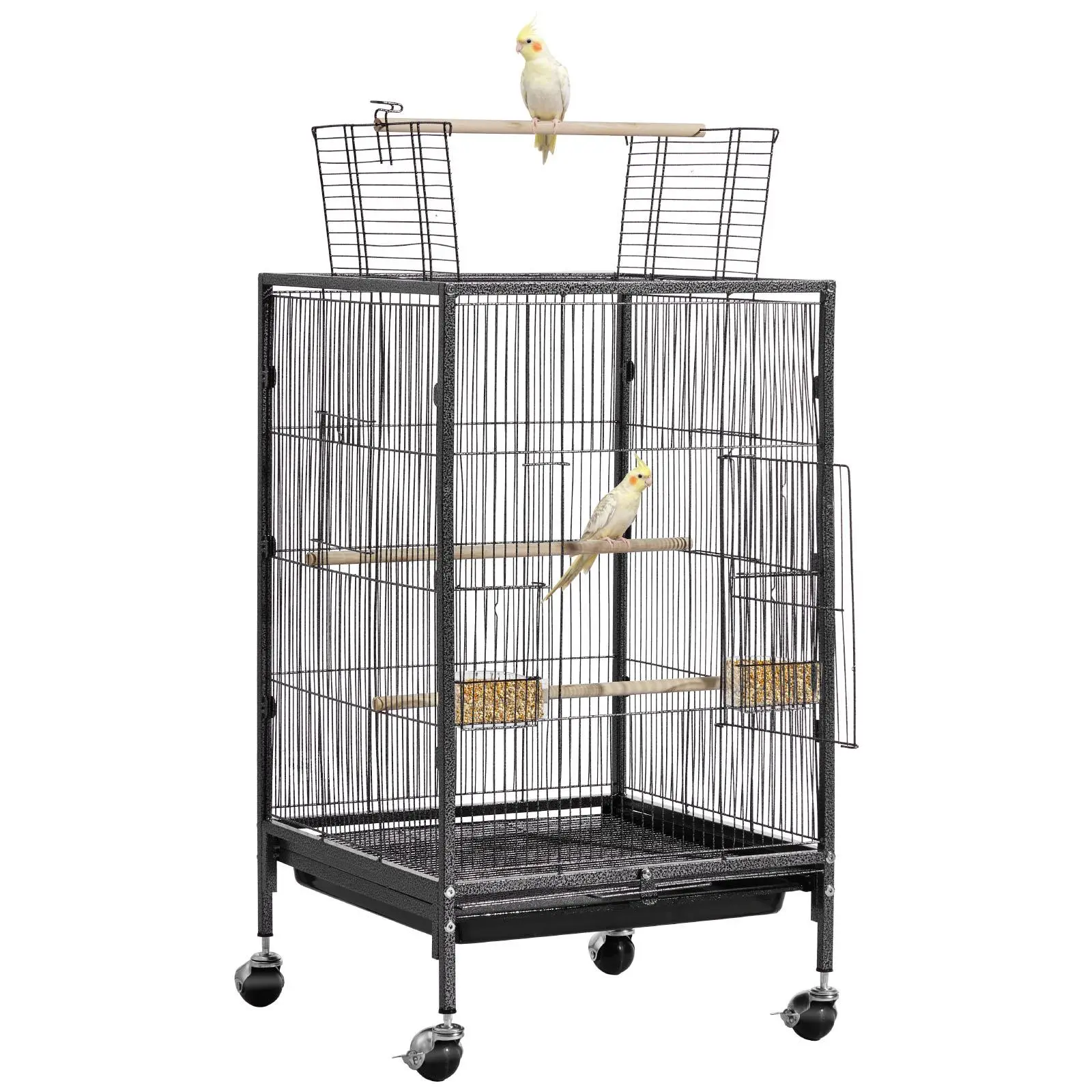 【SummerFinds】VEVOR Bird Cage, 18 x 18 x 30 inch, Open Flat Top, Wrought Iron Bird Flight Cage with Perches, Slide-Out Tray and Plastic Feeders, Casters, for Parrot, Blue Tit, Cockatiel, Canary, Budgerigar, Conure
