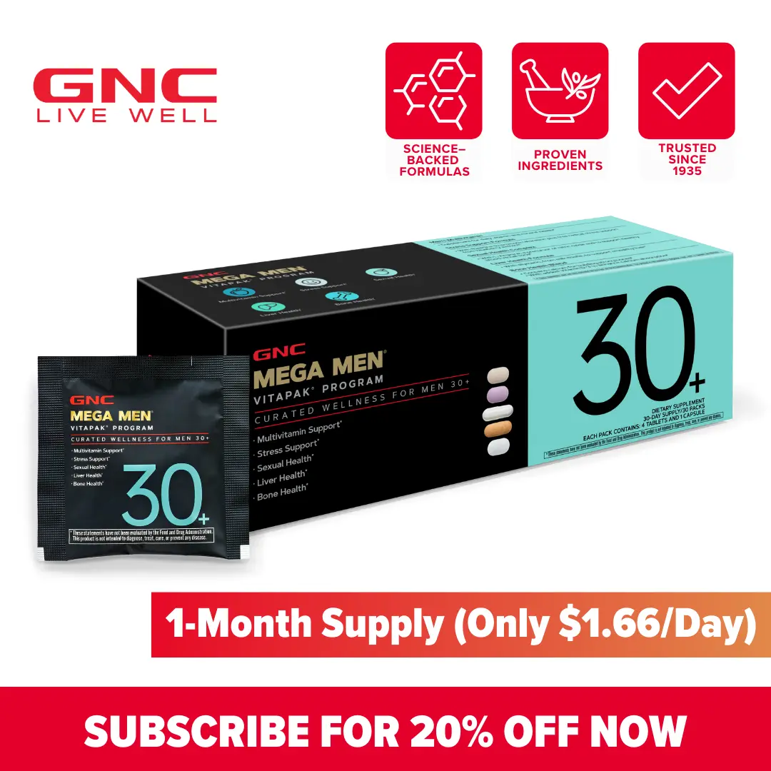 GNC Mega Men's 30+ Vitapak, 5-in-1, Multivitamin, Stress & Bone Support, 30 Count, Healthcare, Dietary Supplement, Overall Wellness, Fitness