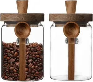 Set of 2 Glass Food Storage Jars with Bamboo Wood Lid and Spoon, 20.3oz Glass Kitchen Canisters for Coffee, Tea, Cereal, Spice and Canning, Mason Jars, Cute Jar, Silicone, Containers