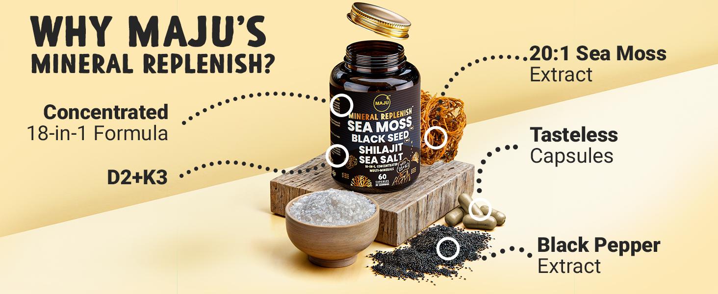 MAJU 18-in-1 Mineral Replenish Capsules (60ct) - Concentrated Dietary Supplement w/ 20:1 Sea Moss Extract Natural Superfood Nutraceuticals Healthcare Fitness Edible