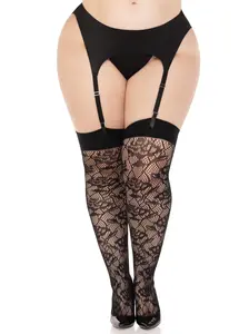Women's Floral Fabric Fishnet Wild Rose Plus Thigh Highs, Breathable Leg Wear for Day Use