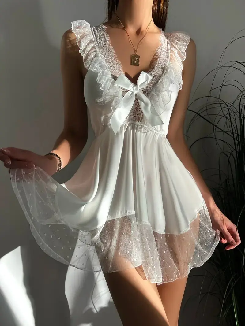 Women's Chic Cami Nightdress, Basic Plain Halter V-Neck Sleeveless Loungewear with a Decorative Bow Accent, Sleeveless Cami Nightdress, Chic Detail, Lady, Women's Clothes, Lightweight Nightwear Garment, Elegant, Halter Neck, All Seasons, Polyester, Light,