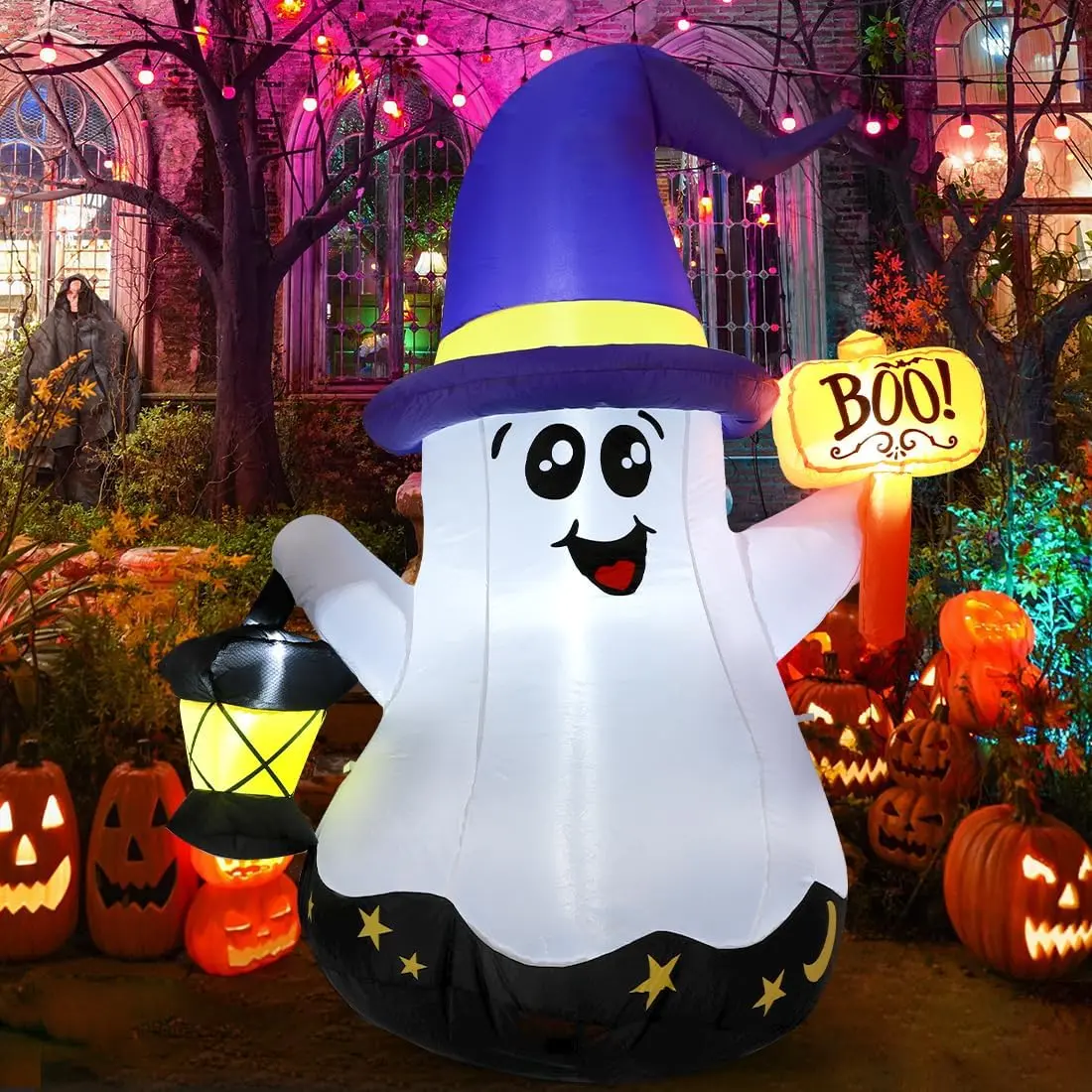 5ft Halloween Inflatable Wizard Ghost - with Hand-Held Light, Built-in LEDs - Cute Blow Up Ornament for Porch, Lawn