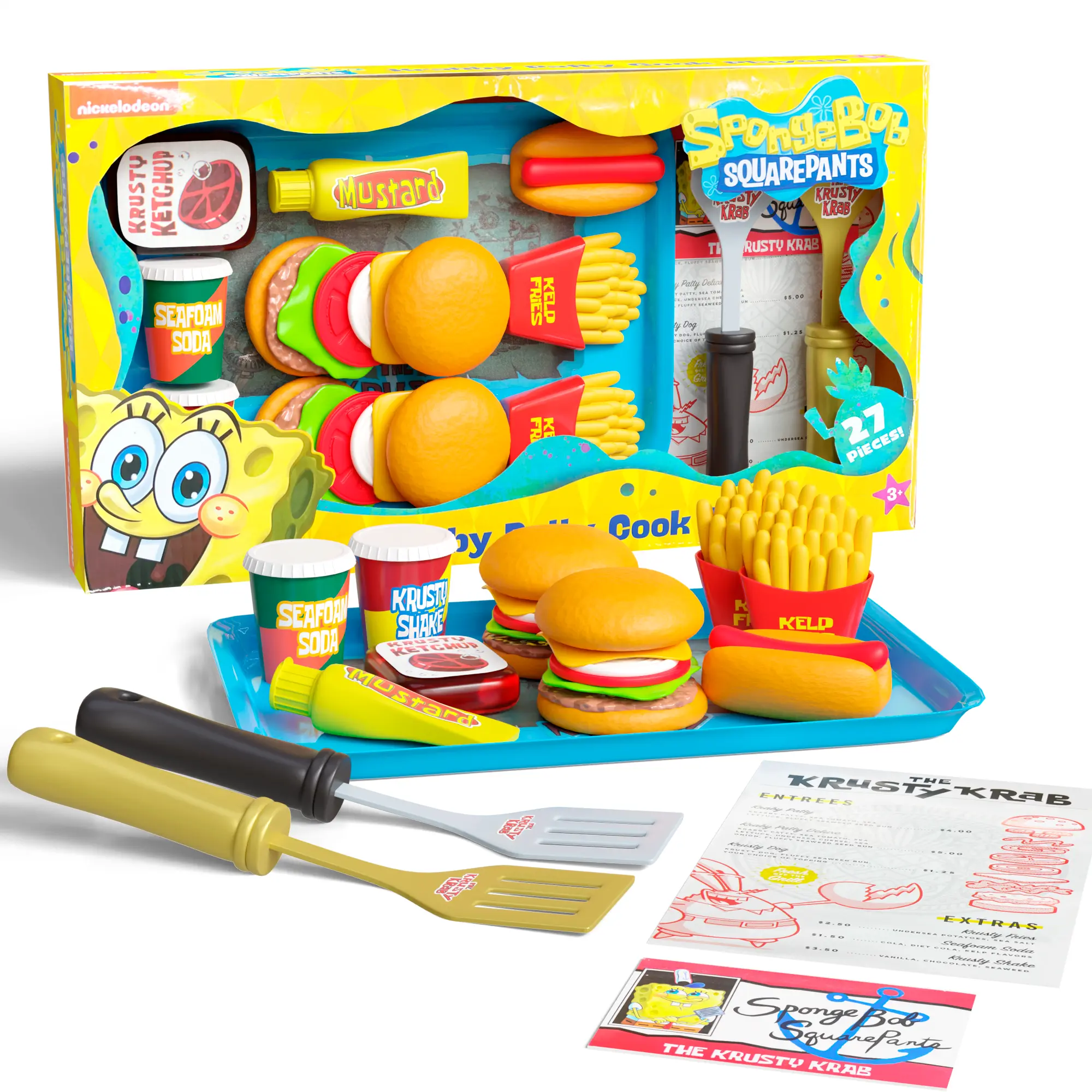 Spongebob Kids Kitchen Playset - Interactive Play Food with 2 Krabby Patty Burgers, Seafoam Shake, Kelp Fries, Spongebob Toys Kitchen Set for Kids Ages 3-5 Includes Velcro Dots