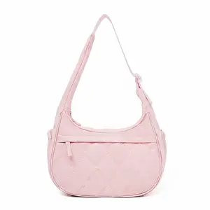 Quilted Down Bags Quilted Crescent Shoulder Bag for Women, Soft Nylon, Multi-Pocket Everyday Organizer, Lightweight Chic Design – Pink