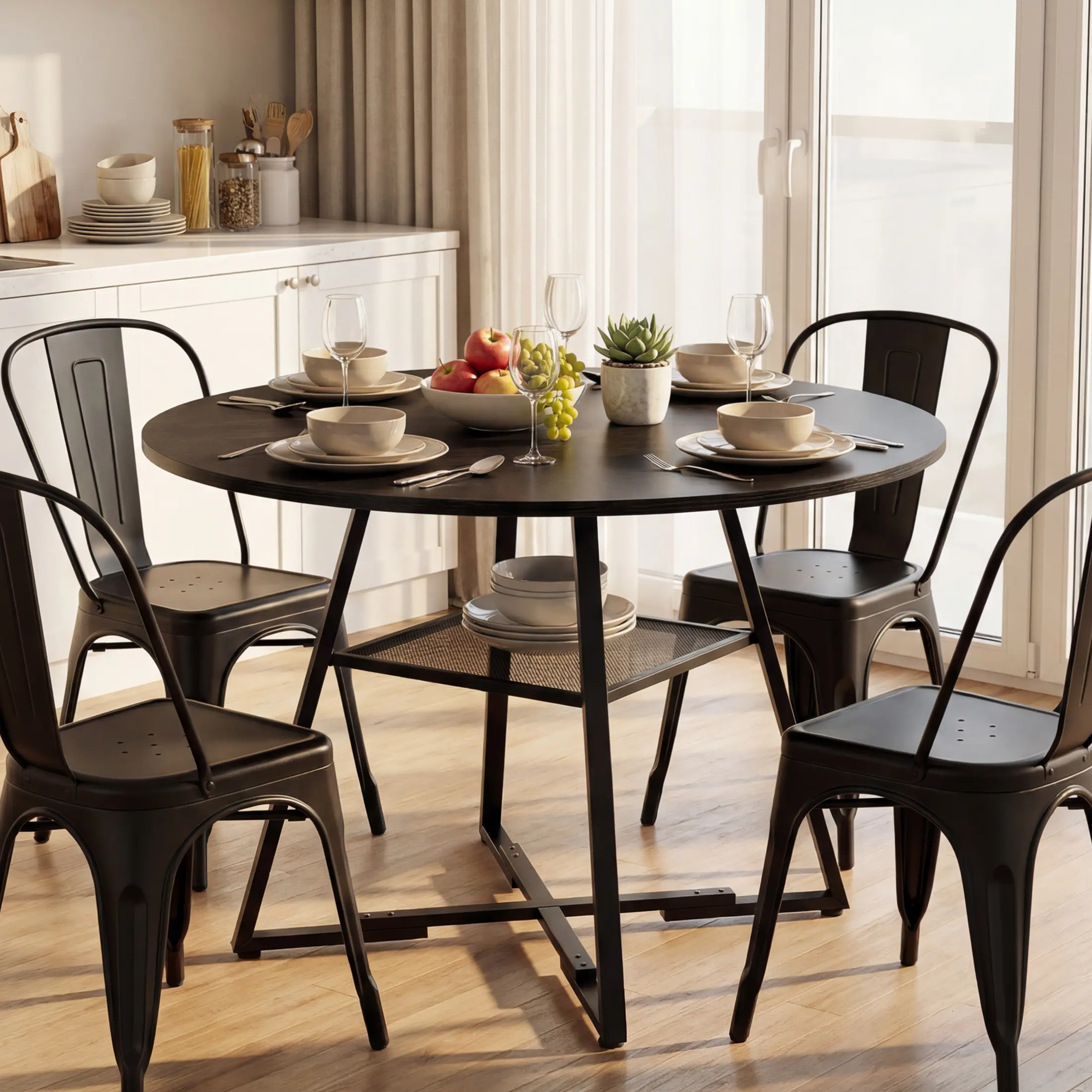 42" Round Dining Table with Storage, Circle Kitchen Table for 4-5 | Modern Farmhouse Pedestal Metal Frame, Space Saving Dinner, Apartment, Living Room