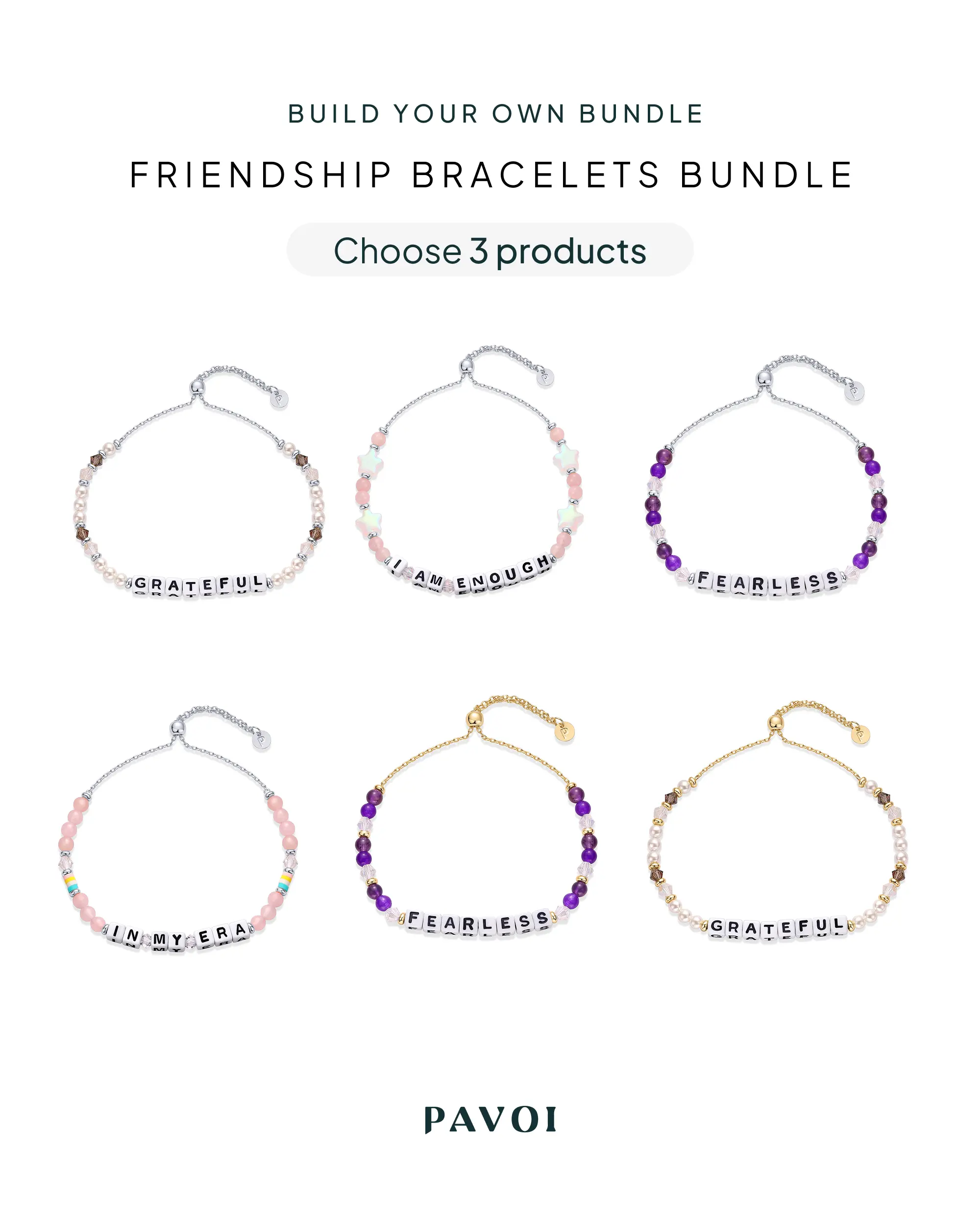 PAVOI 14K Gold Plated Friendship Bracelet Bundles for Women – 3-Piece Adjustable Beaded Gemstone Bracelets Set with Affirmation Words - Grateful, Fearless, In My Era, I Am Enough - Build Your Own Tiktok Bundle