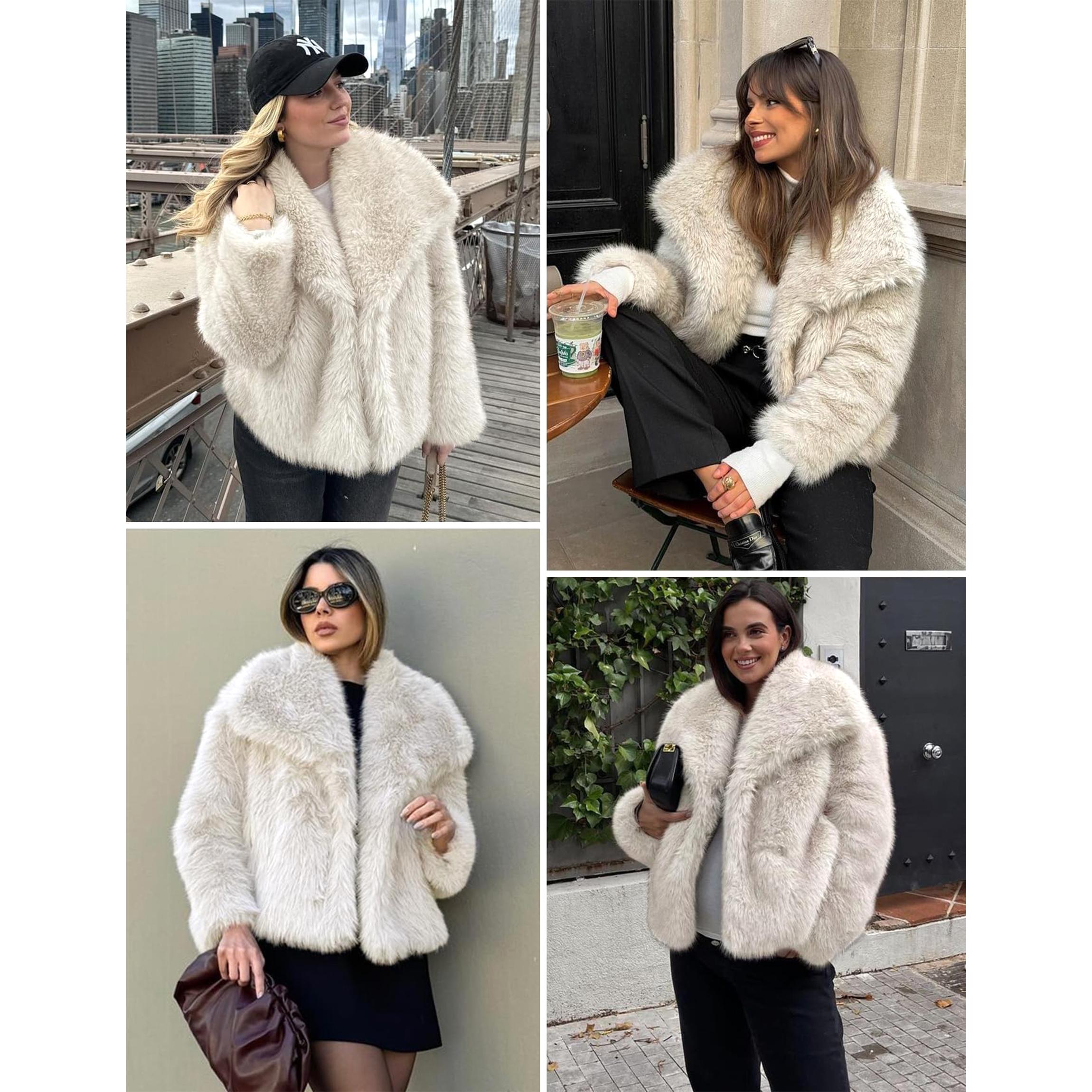 Buenoble Women's Brown Faux Fur Coat Winter Fluffy Short Jacket Warm Fuzzy Oversized Outwear Top Shaggy Collar Full Lining Short Jacket with Side Pockets SpringStatements