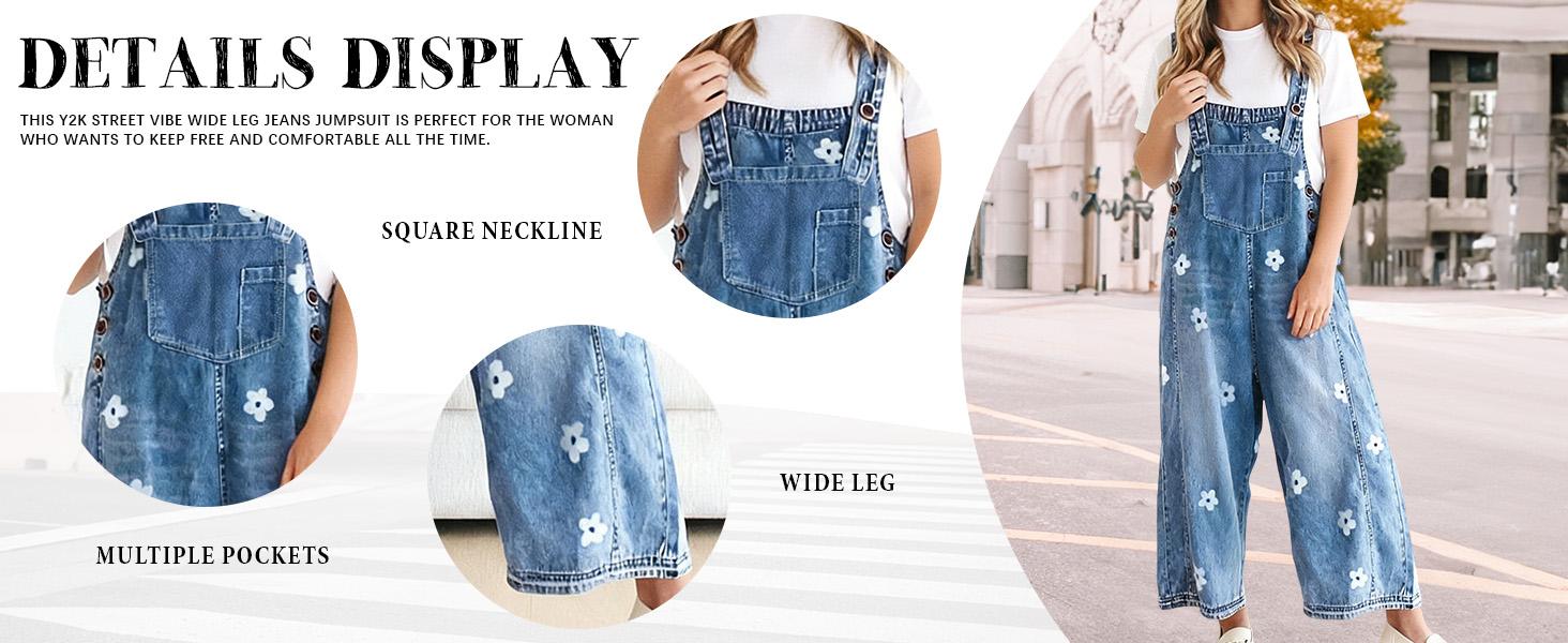 utcoco Women's Bib Overalls, Cute Floral Print Denim Jumpsuit with Baggy Wide Leg and Adjustable Straps, Fashion Apparel Chic Pants,back to school shopping, Flower, Women's Clothes,clothes for back to school,first day of school outfits