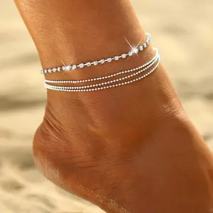 ASCOMY Silver Layered Anklet for Women | 4 Layered Cubic Zirconia Tennis Anklet | Tarnish Free Hypoallergenic Waterproof | Summer Beach Jewelry
