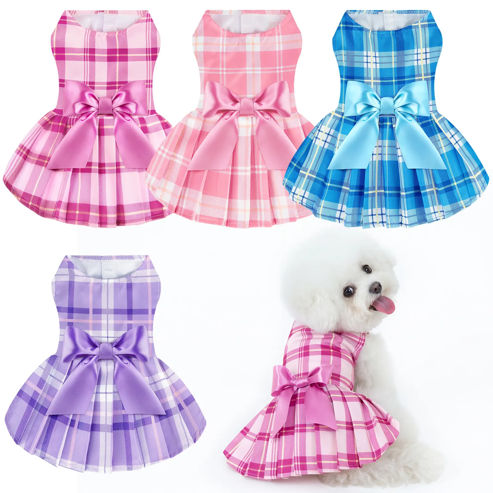 XPUDAC 4 Pieces Plaid Dog Dresses for Small Dog Sweet Bowknot Cute Puppy Dress Pet Princess Clothes for Birthday Holiday Spring Summer Pet Outfits Summervibes Petlovers, Holidays, Birthdays, S, Xxs, Festive Plaid Look