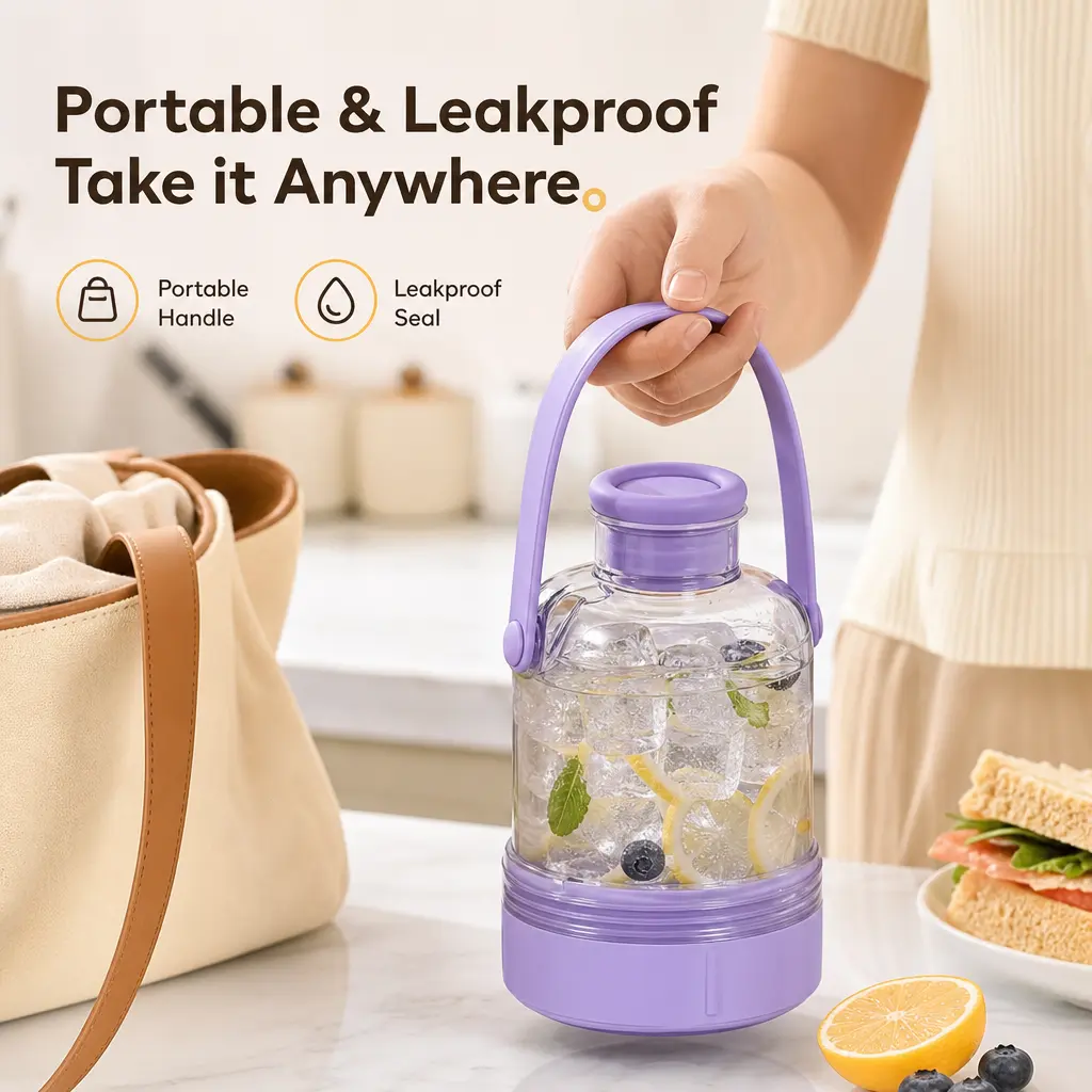 1 Count, Portable Clear Water Bottle with Built-in Ice Tray, Silicone Carry Handle, Sealed Leakproof Design for Summer Outdoor and Home Daily Use