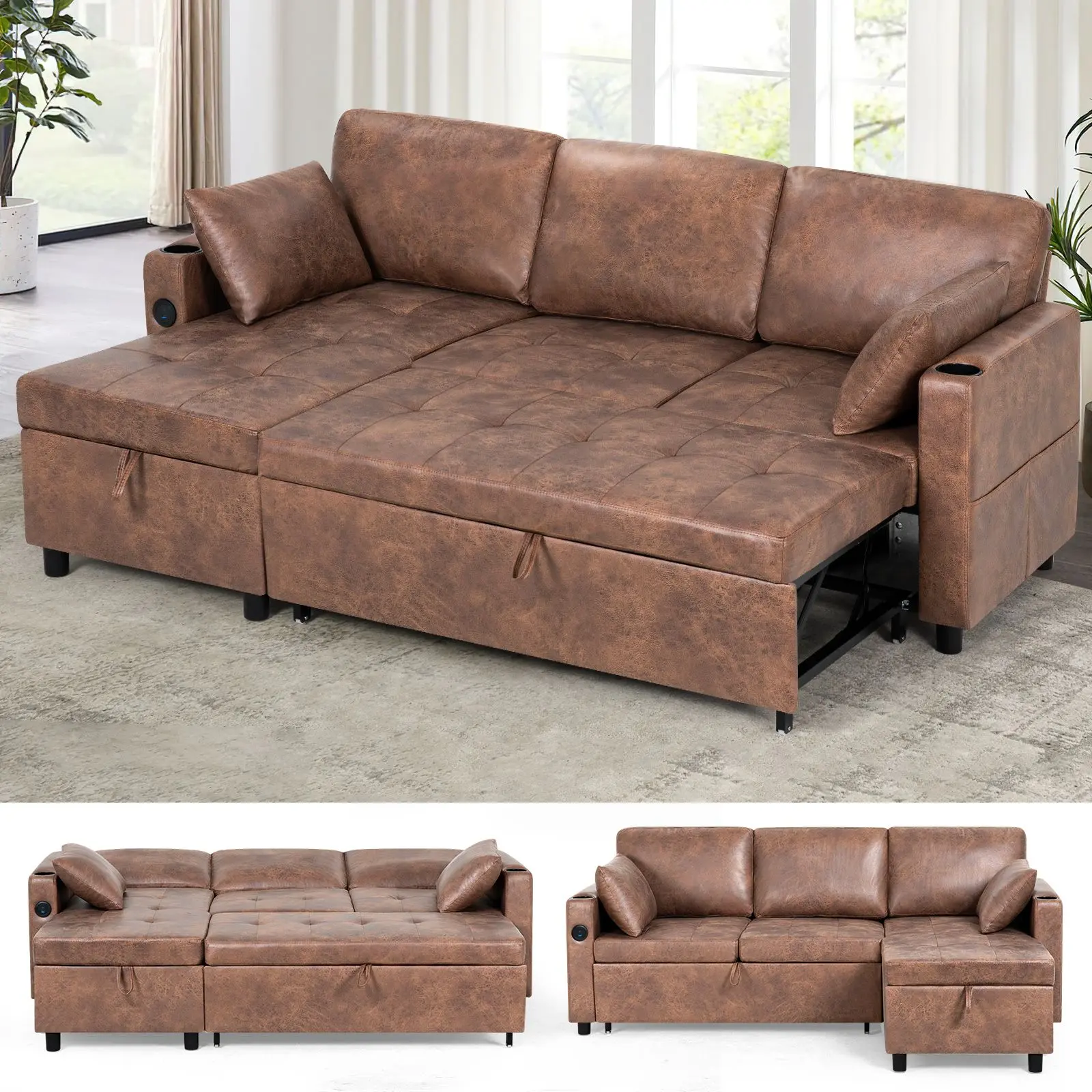 ACMEASE 84" Suede Leather Sectional Sofa w/Adjustable Backrests, Pull Out Sofa Bed w/USB Charger Port& Reversible Storage Chaise,Convertible L-Shaped Sofa with Cup Holders for Living Room