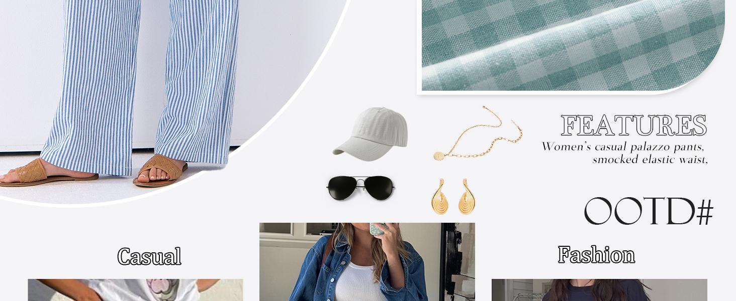 ANRABESS Womens Striped Gingham Palazzo Pants Lightweight Wide Leg High Waisted Lounge Pajama Pants Cute Casual Trousers with Pockets for Comfort