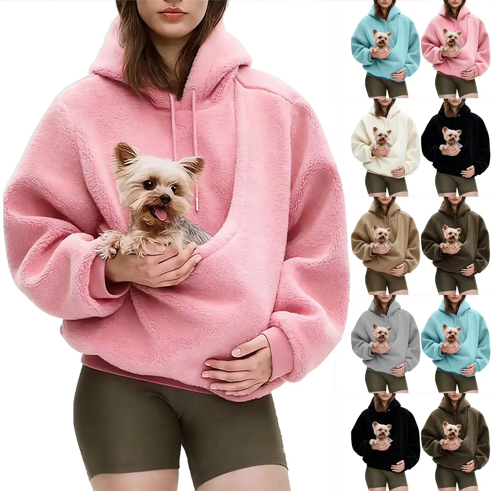 Women's Plain Full-Sleeves Loose Fit Hooded Sweatshirt - Casual Wear, Everyday Style Pullover with Plush Pet Carrier Pocket, Oversized Hood