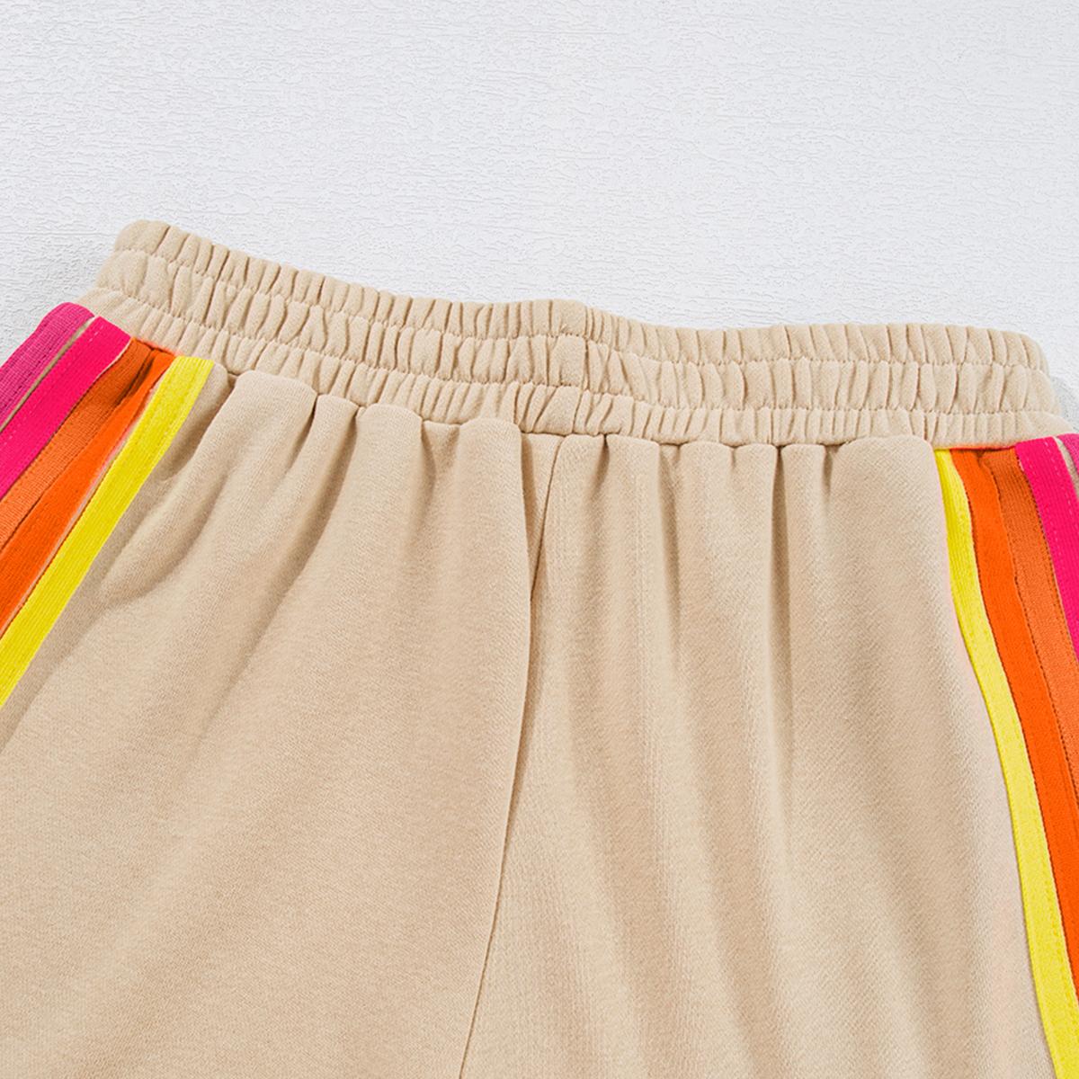 Women's Pullover and Shorts Two Piece Casual Set with Striped Accent,Long Sleeve Sweatshirts and Matching Pants Outfit Chic Womenswear for Everyday