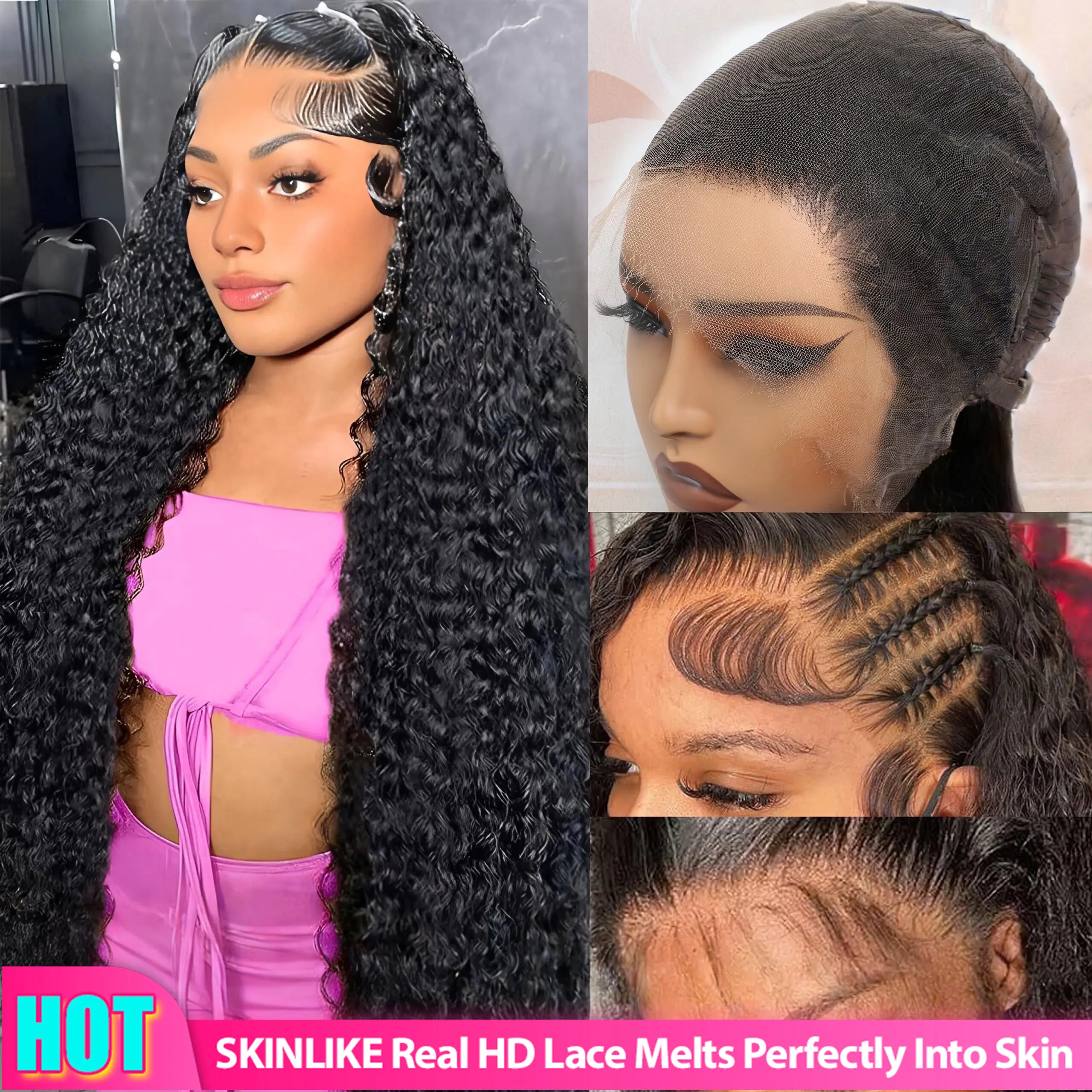 【Hot Sale】Lemoda 13x6 15A 210% Density 13x4 SKINLIKE Real HD Lace Water Wave Full Lace Frontal Wigs Deep Wave Virgin Human Hair Invisible 0.1mm Ultra-thin Frayed Ends Wet and Wavy Lace Front Wig Tiny Knots