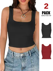 TFNOSIZE 2PACK - Women's Summer Ribbed Knit Casual Vest, Square Neck, Comfortable, Simple, Breathable Sports Top, Suitable for Daily and Vacation Style Wear, A Must-Have for Women's Layering, Women's Clothing Suitable for All Seasons S-4XL,summervibes tik
