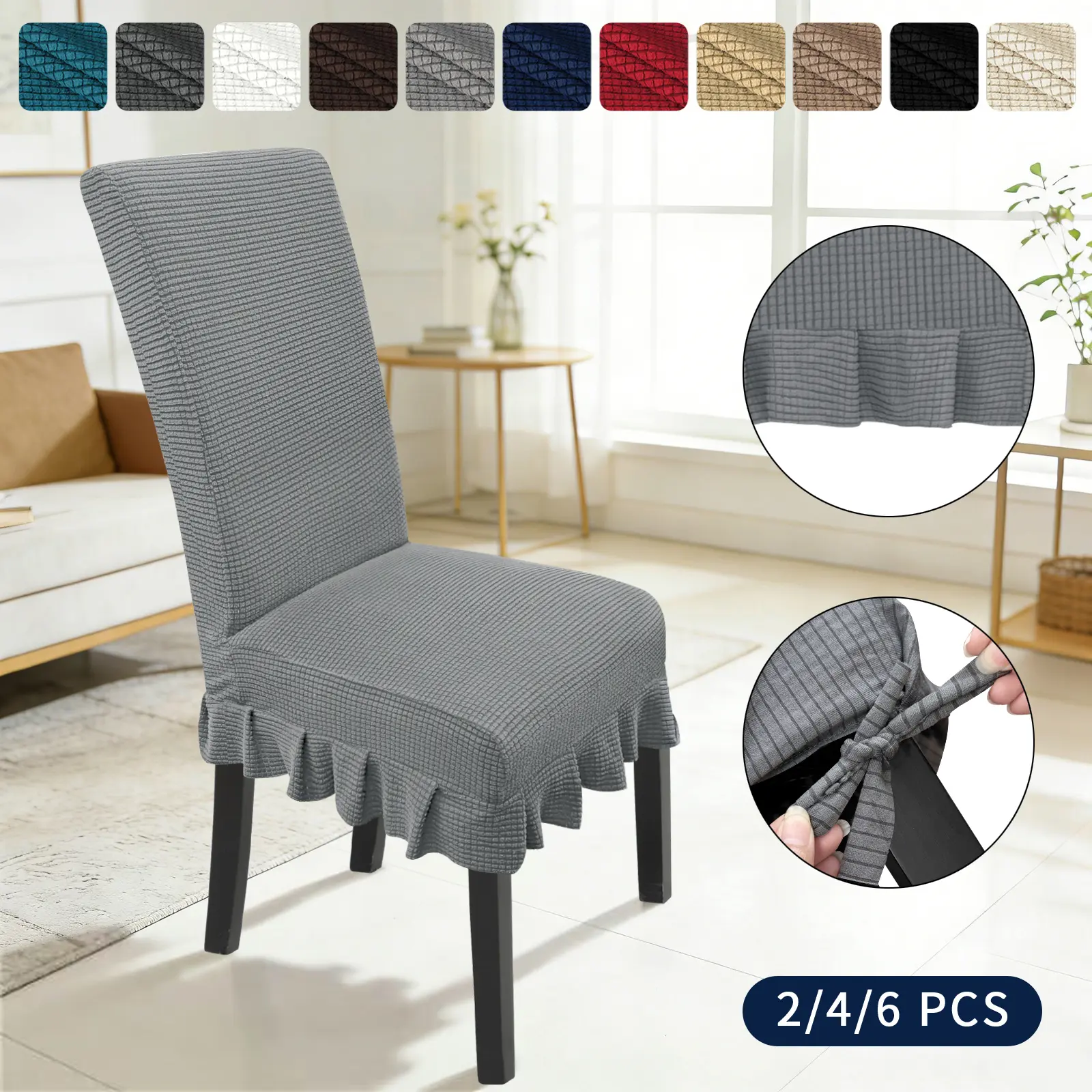 Easy-Going Stretch Chair Covers with Skirt of 2/4/6/8, Removable Washable Dining Chair Slipcovers, Universal Furniture Protector for Home Decor, Kitchen, Wedding, Banquet and Dining Room