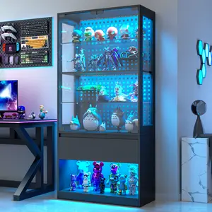 kepptory Glass Display Cabinet with LED Lights- 65" Tempered Glass Curio Cabinet with Adjustable Shelves, Display Case for Collectibles Gaming Liquor (Black)
