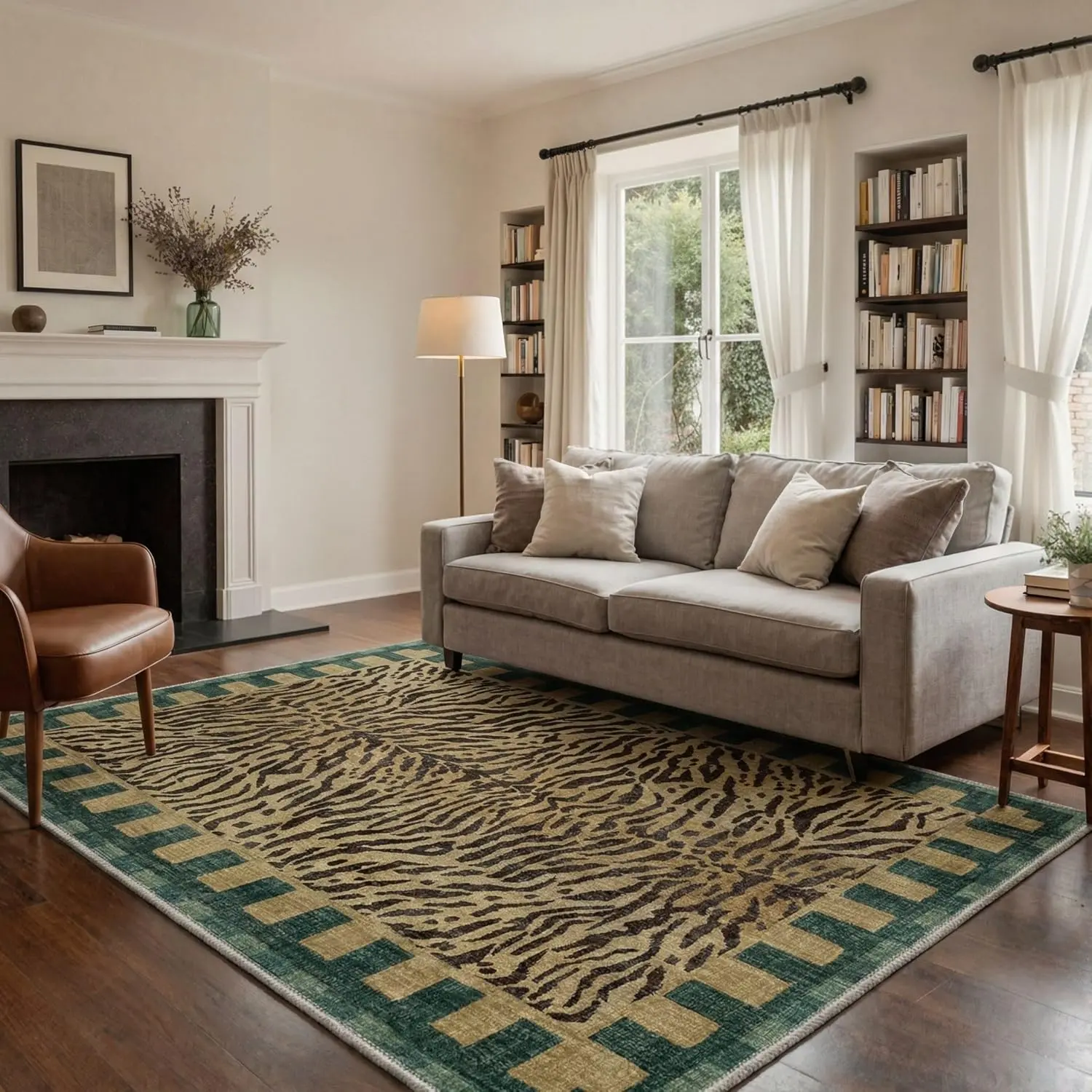 【Back To School】GENIMO Washable Area Rug with Non Slip Backing, Low Pile Lightweight Print Pattern Rug for Living Room Bedroom Dining Room, Tiger Stripe Natural Bionic Style, Moss Bronze